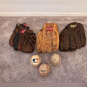 Set of 3 Vintage Baseball Gloves and 3 Balls in Good Condition